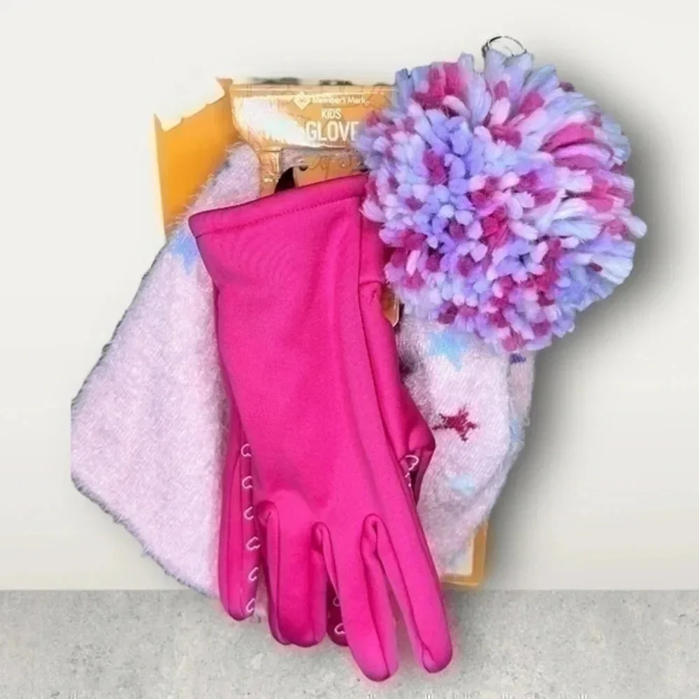MEMBERS MARK GOVES & HAT SET PINK W/ STARS LARGE / XL